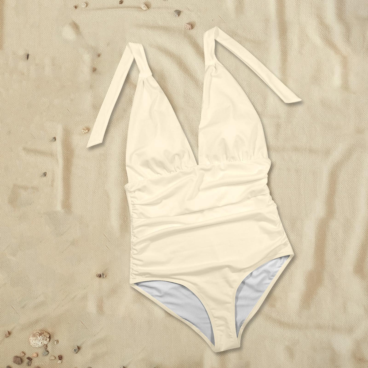 Vintage-Inspired Plunge One-Piece Swimsuit – Countryside Chic, Deep V Backless Design, S–5XL, Buttermilk