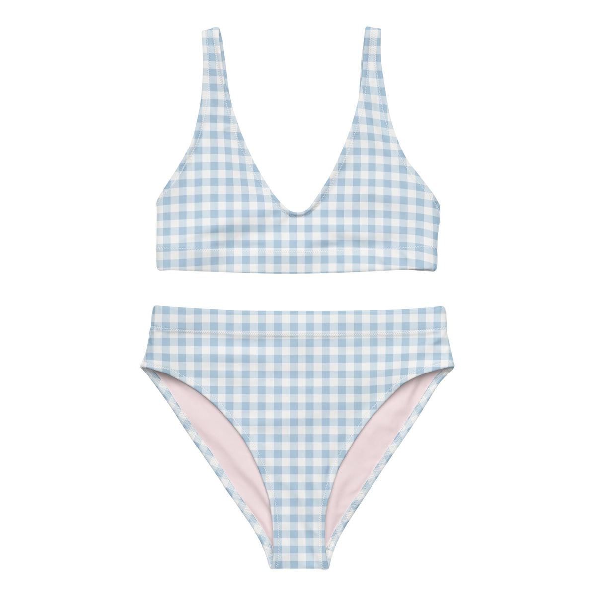 Powder Blue Gingham Bikini – High-Waisted Recycled Swimwear with Pink Lining