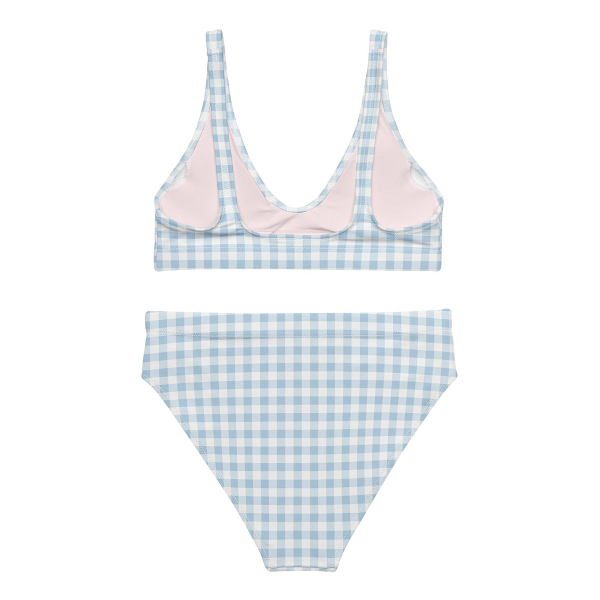 Powder Blue Gingham Bikini – High-Waisted Recycled Swimwear with Pink Lining