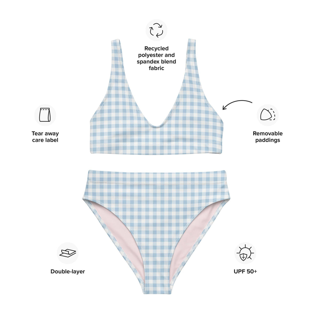 Powder Blue Gingham Bikini – High-Waisted Recycled Swimwear with Pink Lining