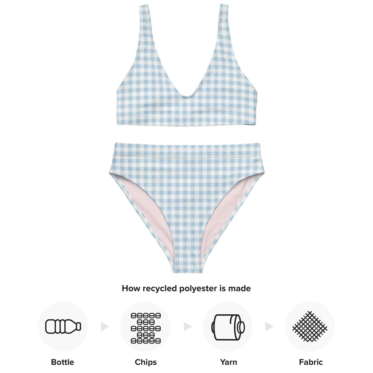 Powder Blue Gingham Bikini – High-Waisted Recycled Swimwear with Pink Lining