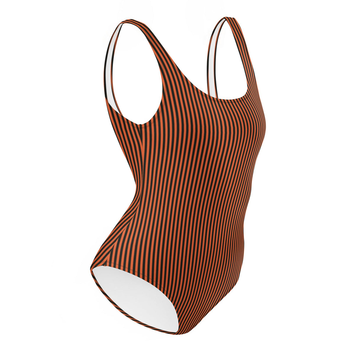 Retro Striped One-Piece Swimsuit, Rust Orange & Black, High Leg
