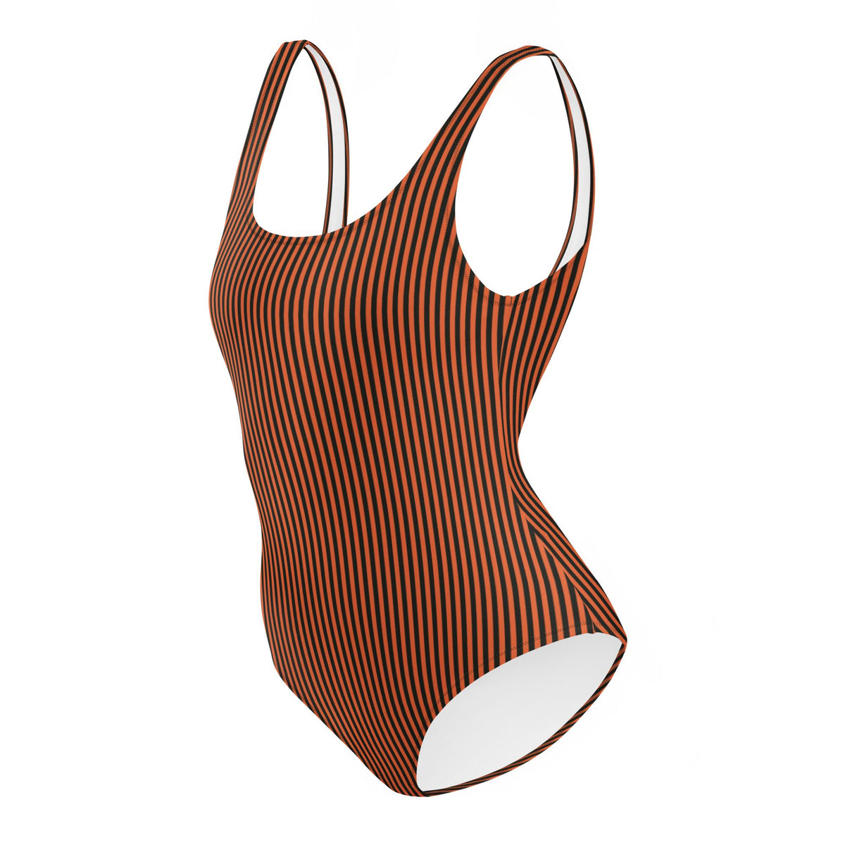 Retro Striped One-Piece Swimsuit, Rust Orange & Black, High Leg