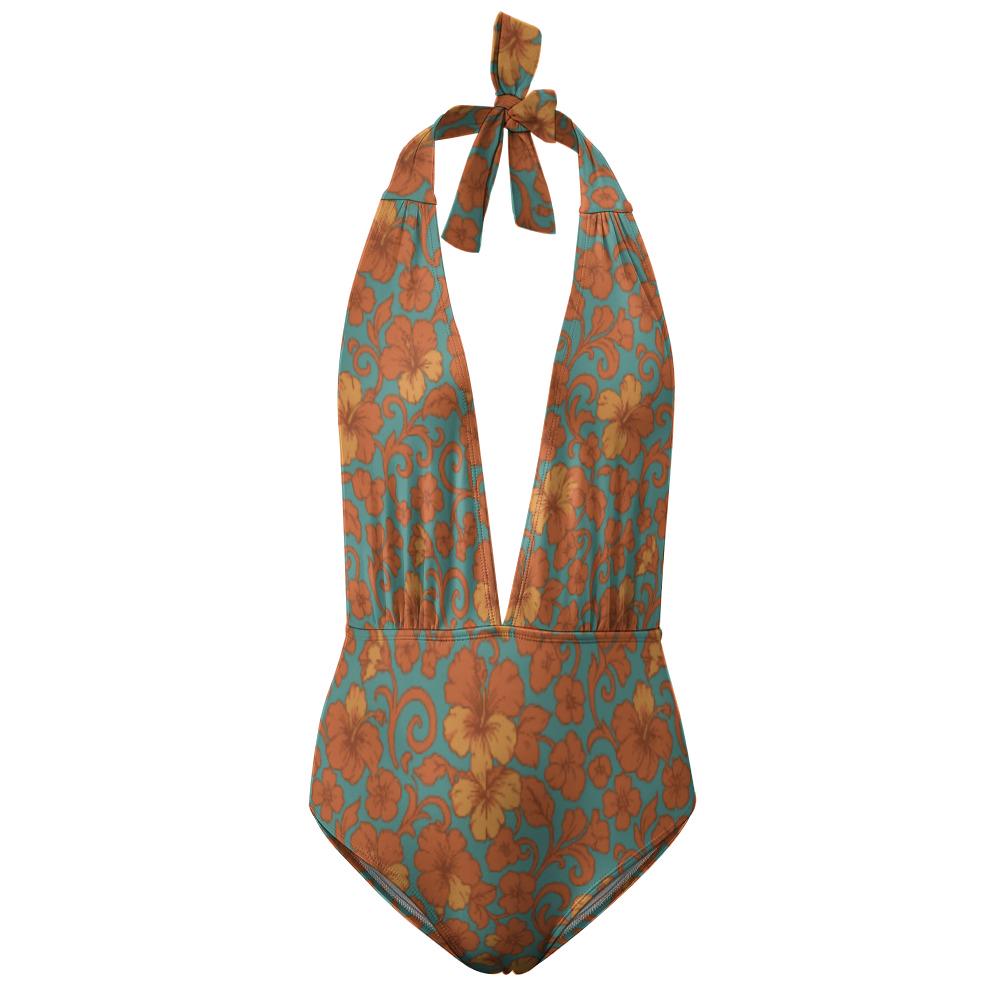 1970s Retro Halter Swimsuit – Deep V One-Piece, Vintage Floral Print – Burnt Hibiscus on Teal