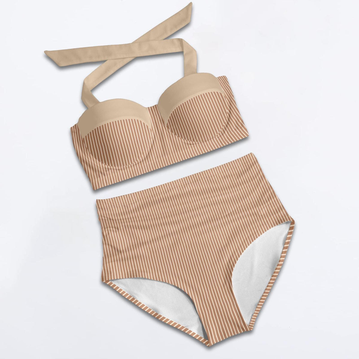 Vintage-Inspired High-Waist Bikini | Retro 50s Halter Swimsuit | Pin-Up Sweetheart Ruched Striped Bathing Suit | Beige