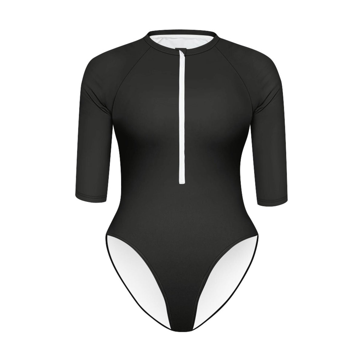 Lightweight Minimalist Retro One-Piece Swimsuit, Front-Zip High-Leg Rash Guard, Black - Unlined
