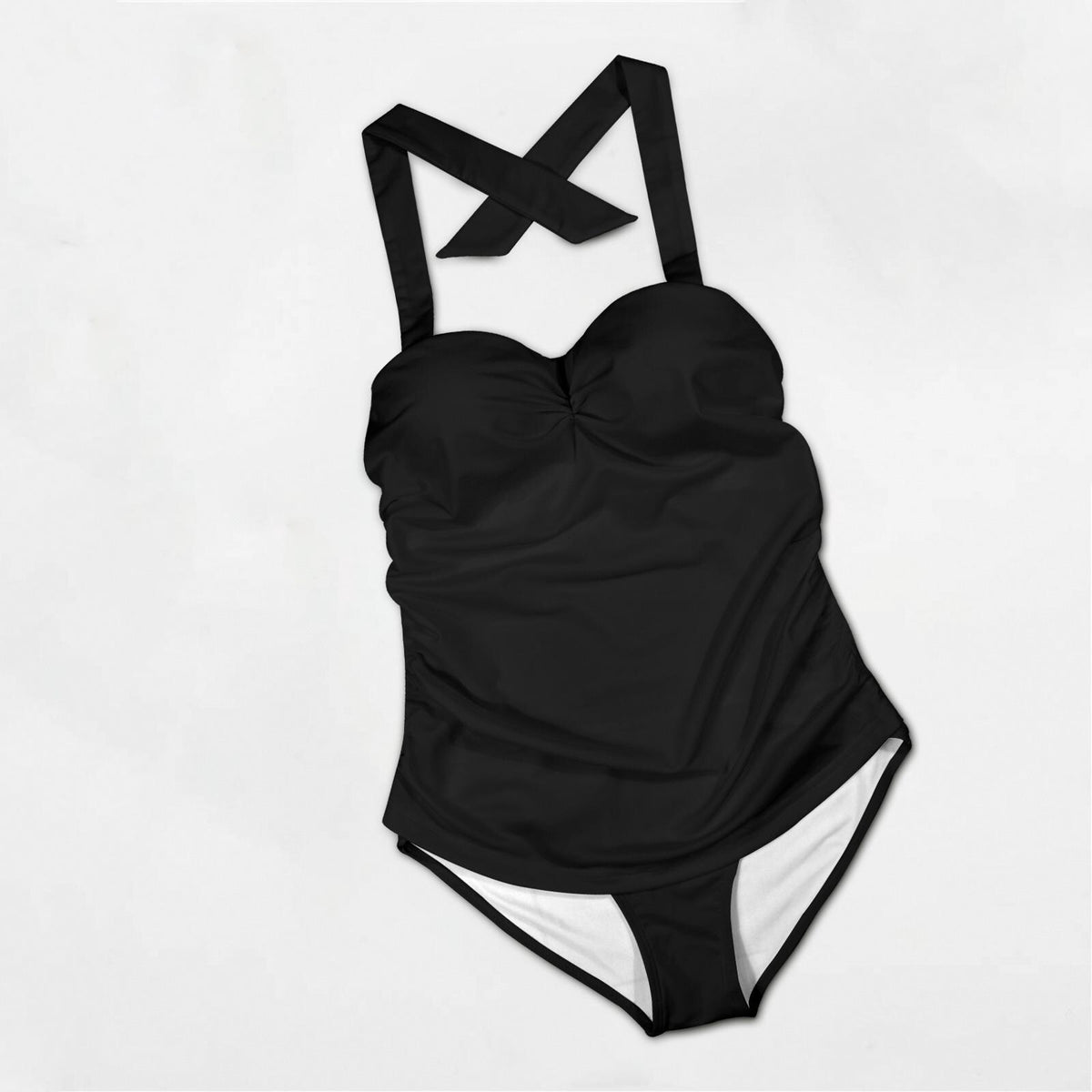 Black Retro Halter Swimsuit – Ruched Pin-Up Tummy Control Sweetheart Neck Noir One-Piece – Coquette