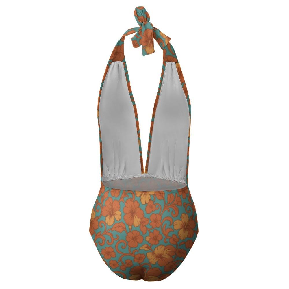 1970s Retro Halter Swimsuit – Deep V One-Piece, Vintage Floral Print – Burnt Hibiscus on Teal