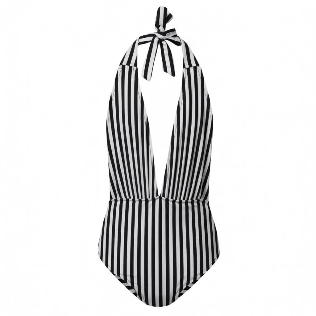 Striped Halter One-Piece Swimsuit – Retro Goth Pin-Up Style