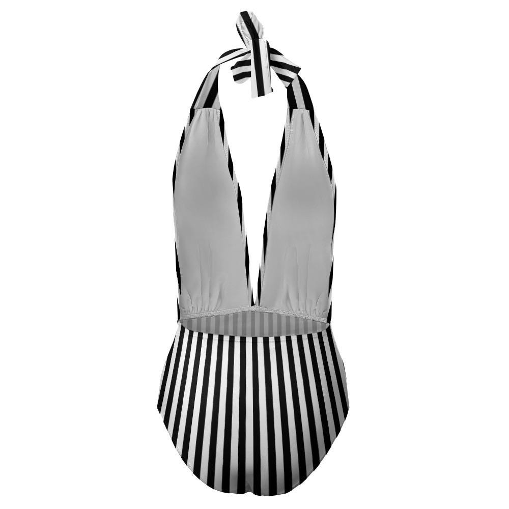 Striped Halter One-Piece Swimsuit – Retro Goth Pin-Up Style