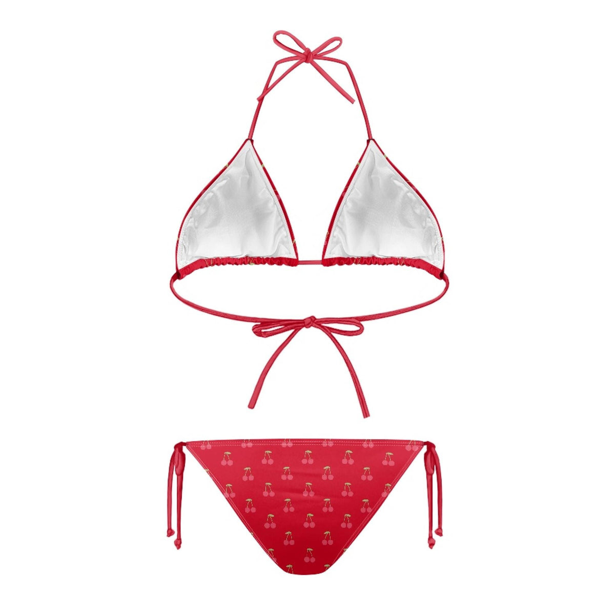 Red Cherry Print Bikini Set: Halterneck Tie-Up Swimwear
