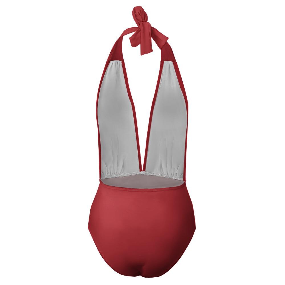 Cherry Red Plunge Halter Swimsuit – Retro High Waist One Piece