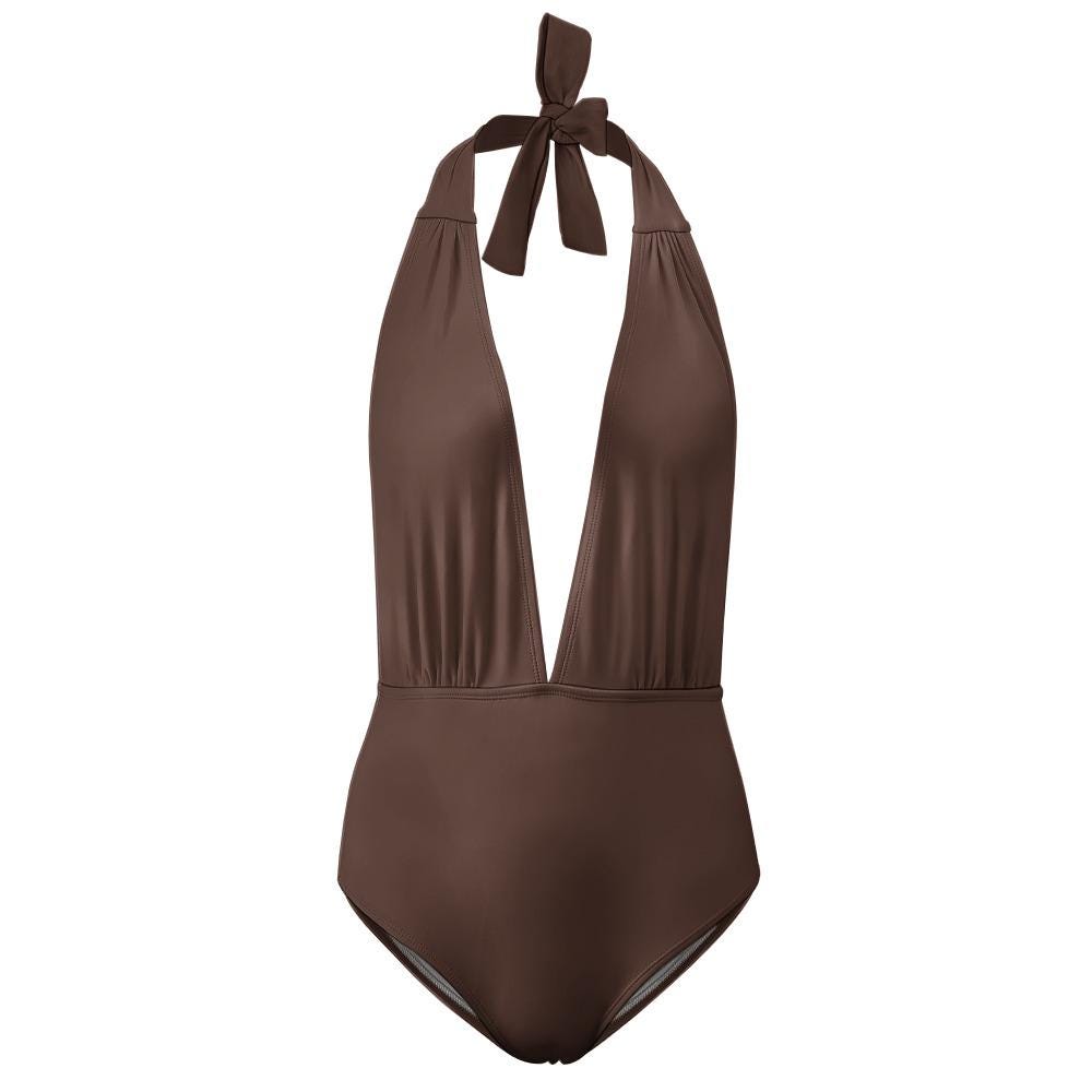 70s Brown Halter Plunge One Piece Swimsuit