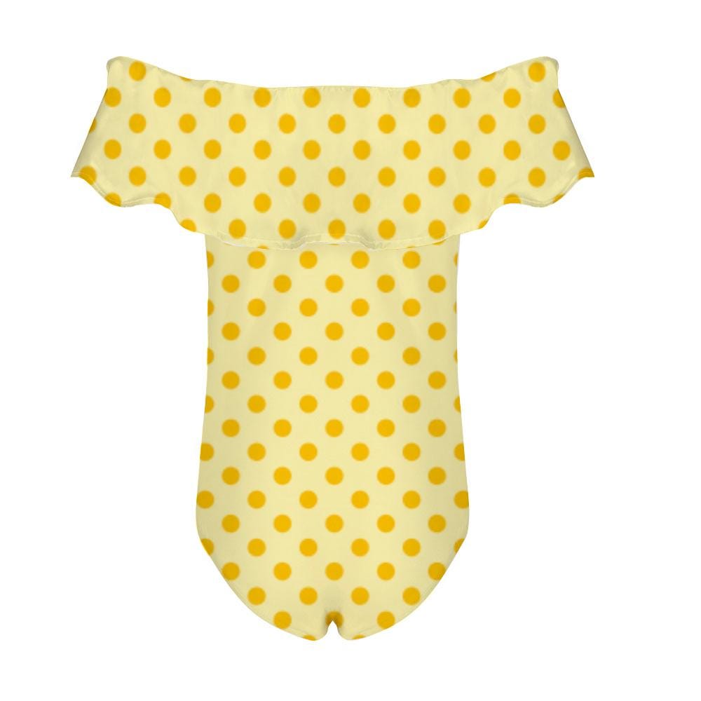 Retro Coquette Yellow Polka-Dot One-Piece Swimsuit – Off Shoulder Pin Up Ruffle Bathing Suit