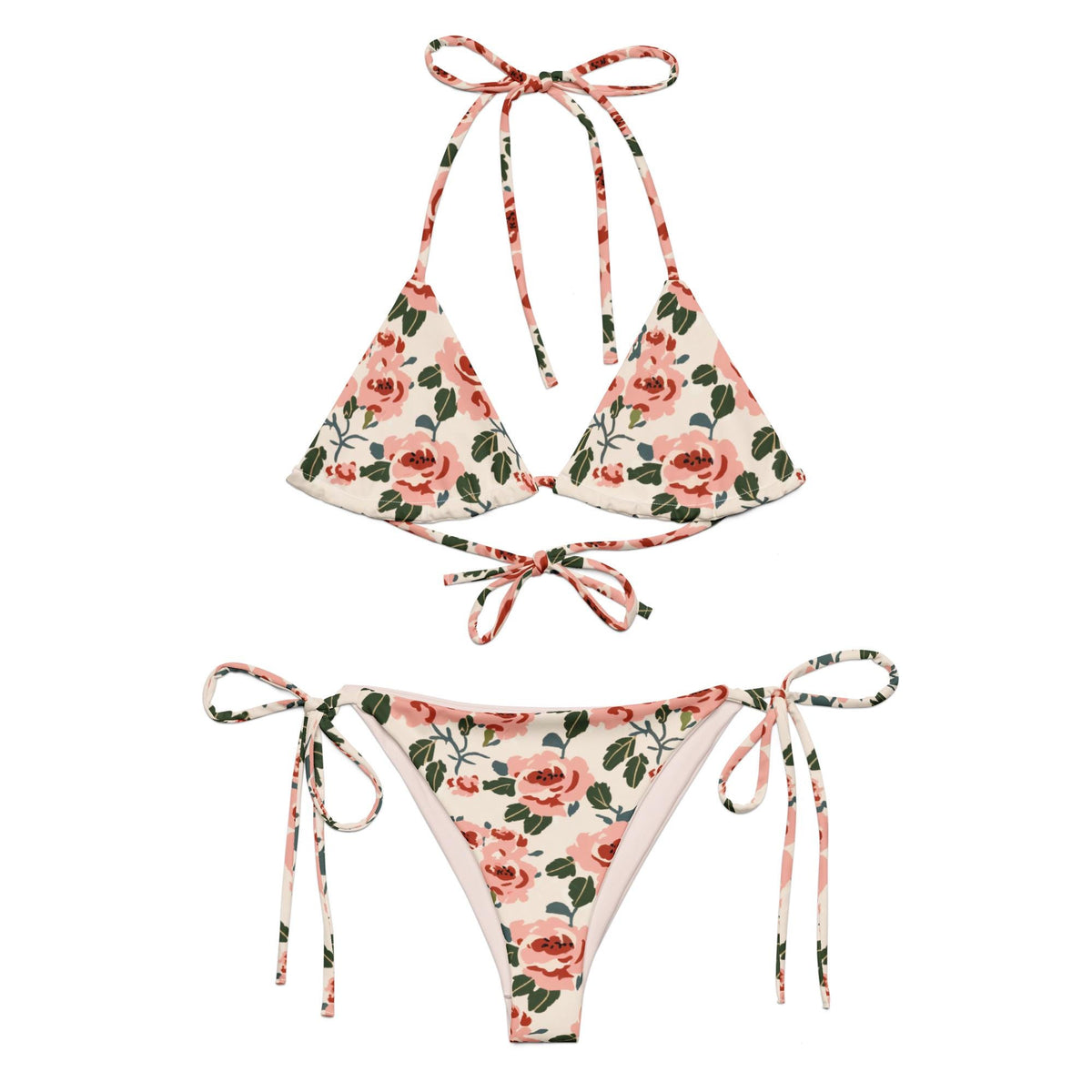 Rose Print String Bikini – Retro Floral Swimsuit, Recycled Fabric
