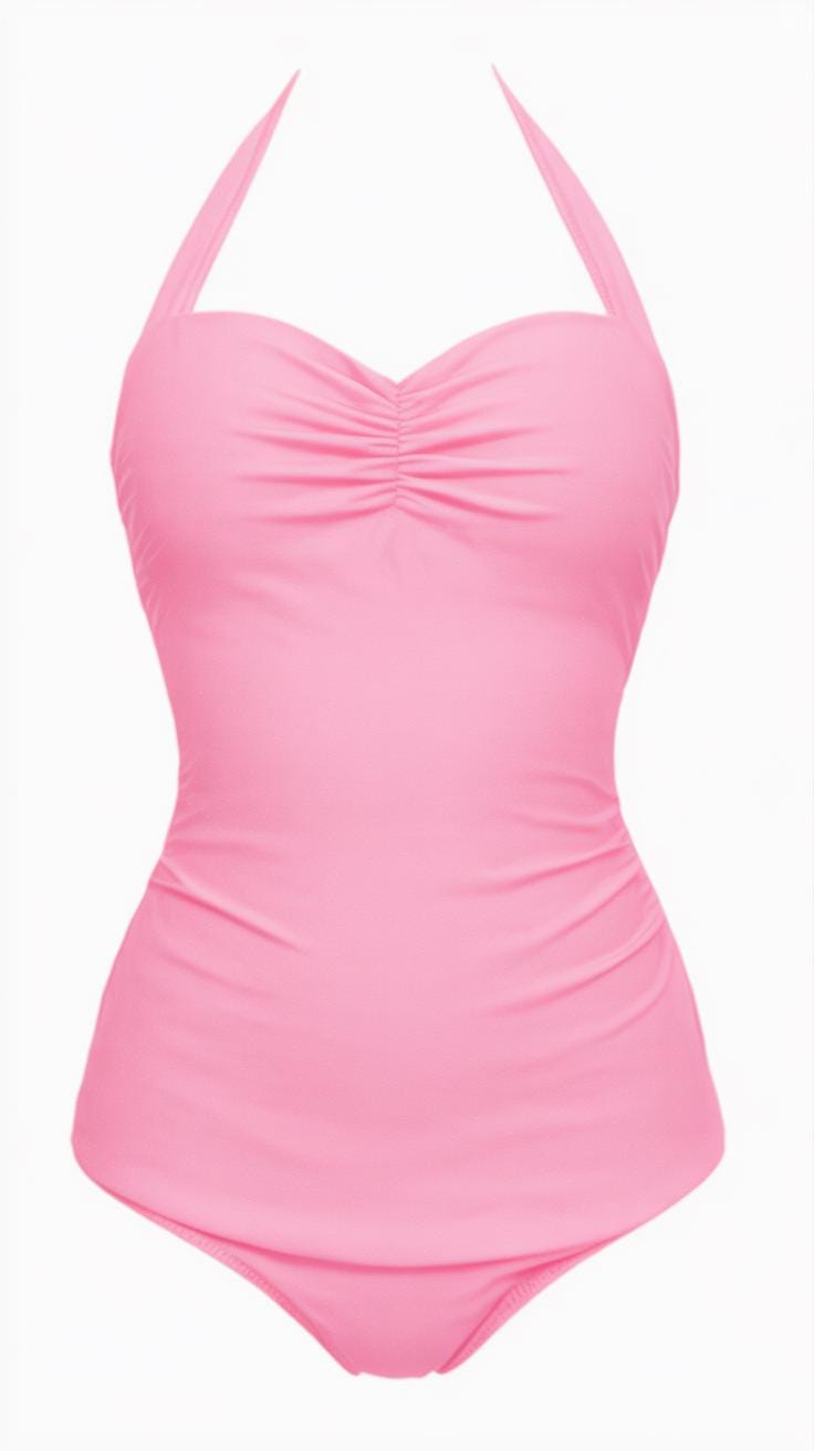 Retro Coquette Bubblegum Pink Sweetheart One-Piece, Vintage Pin-Up Halter Ruched Swimsuit, Tummy Control & Padding