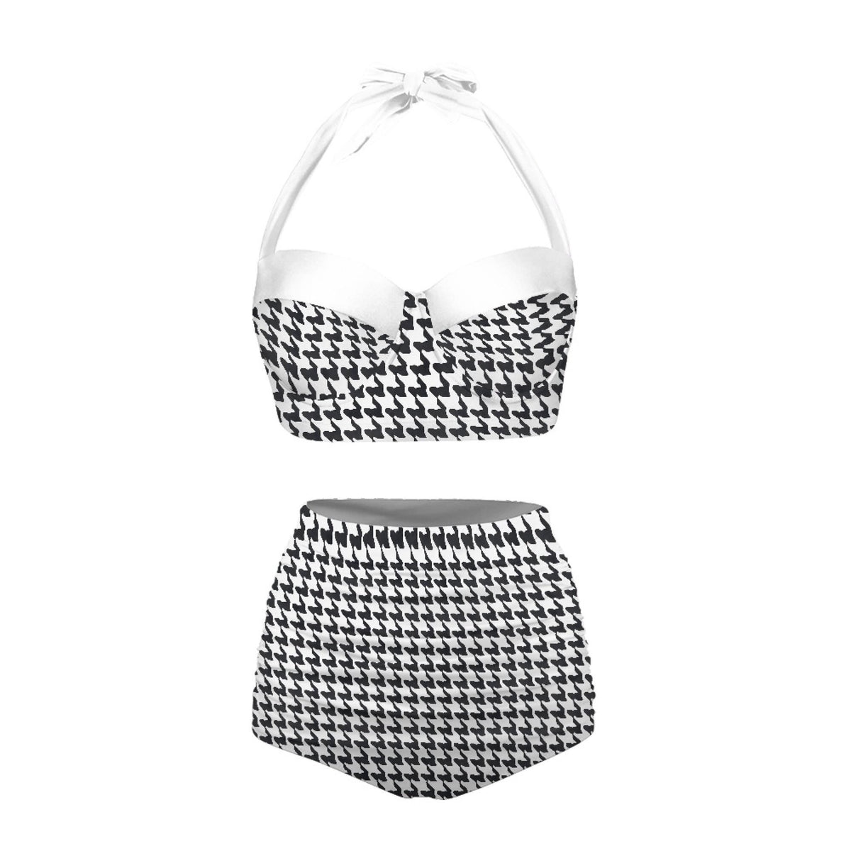 Vintage-Style High-Waisted Bikini | Retro Sweetheart Houndstooth Checkered Pin-Up Halter Ruched Two-Piece Swimsuit, Black & White