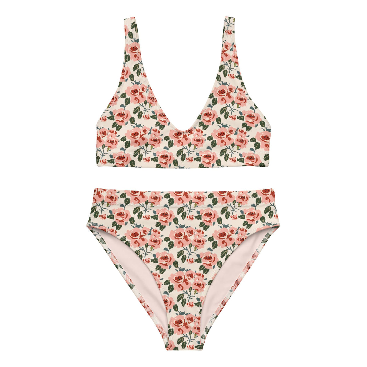 Coquette Roses Bikini Swimsuit – Eco-Friendly Recycled High-Waisted Floral Two-Piece Cottagecore Romantic Retro Surf Beachwear