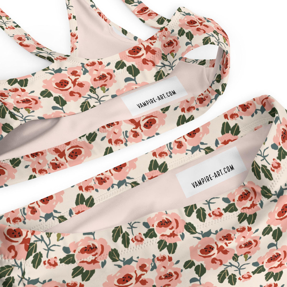 Coquette Roses Bikini Swimsuit – Eco-Friendly Recycled High-Waisted Floral Two-Piece Cottagecore Romantic Retro Surf Beachwear