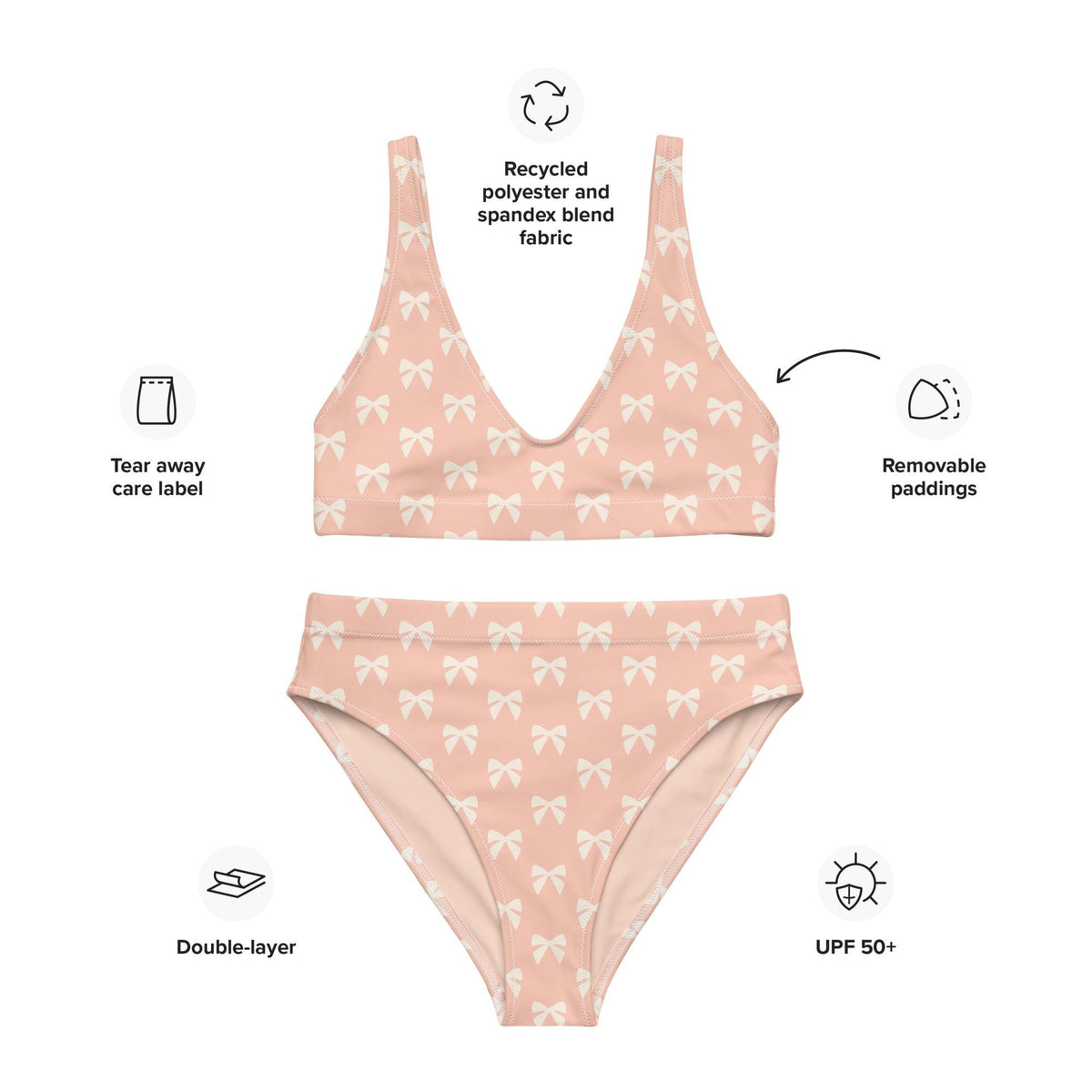 Coquette Bows Bikini Swimsuit – Eco-Friendly High-Waisted Two-Piece Coastal Cottagecore Romantic Retro Surf Active Beachwear