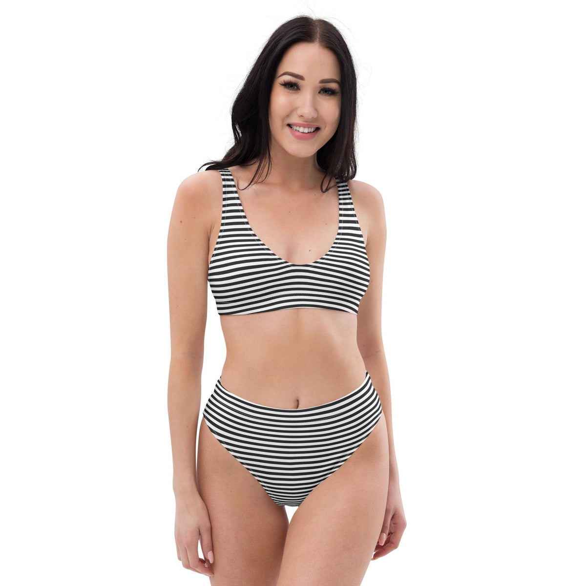 Striped High-Waisted Bikini – Nautical Recycled Swimwear, UPF 50+