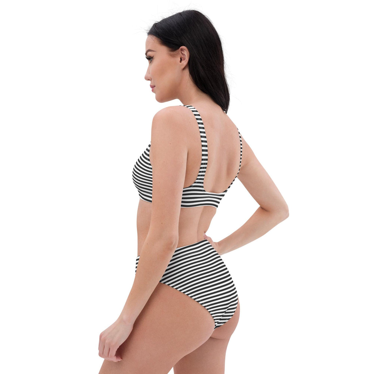 Striped High-Waisted Bikini – Nautical Recycled Swimwear, UPF 50+
