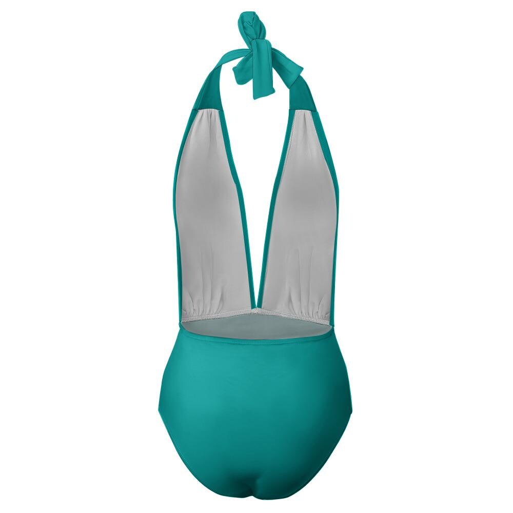 Teal Plunge Halter One-Piece Swimsuit – Retro High Waist Swimwear