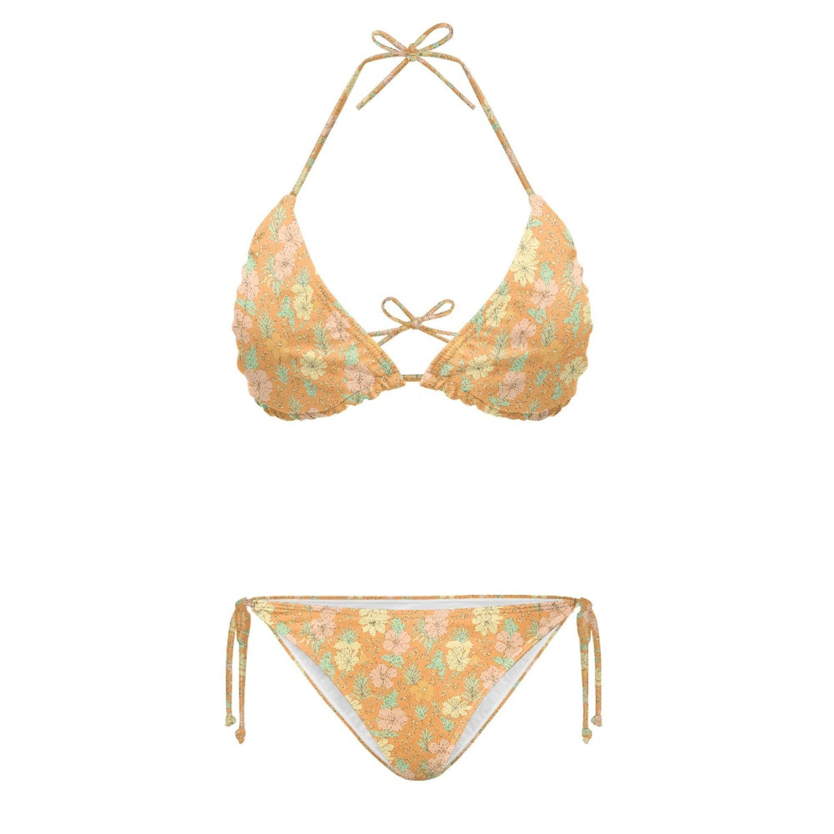 Retro Floral Triangle Bikini Set, Flattering Tie-Side Swimsuit Adjustable Fit, 70s Floral Festival Boho