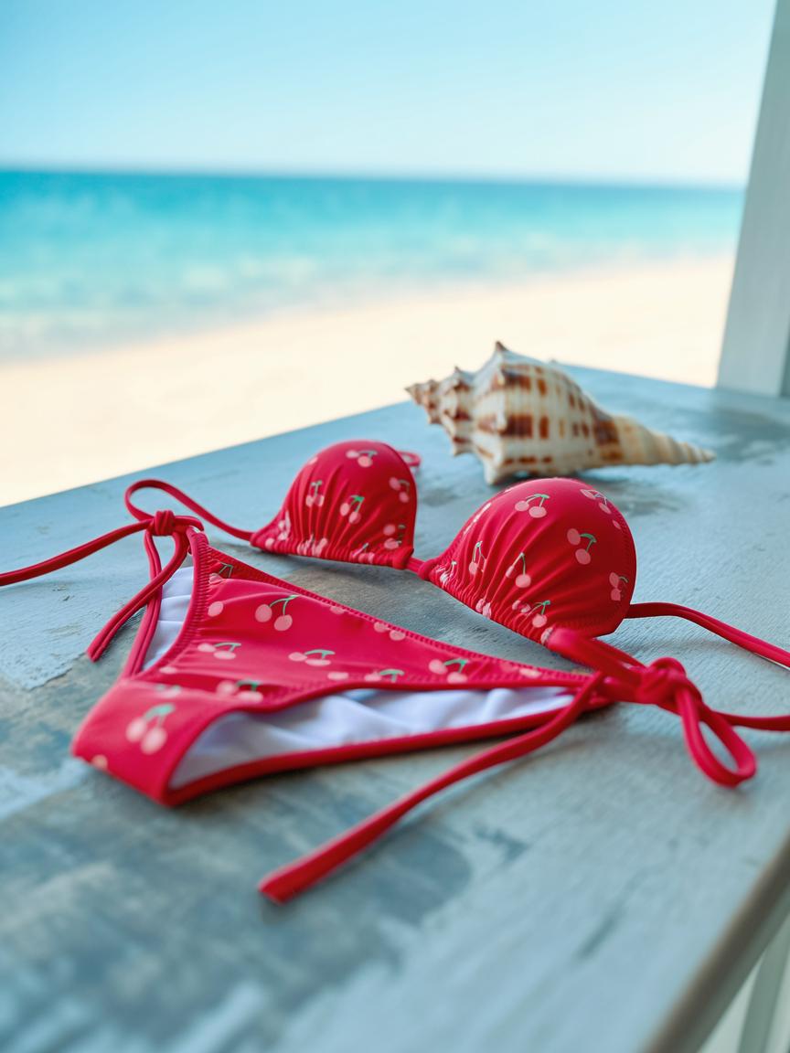Red Cherry Print Bikini Set: Halterneck Tie-Up Swimwear