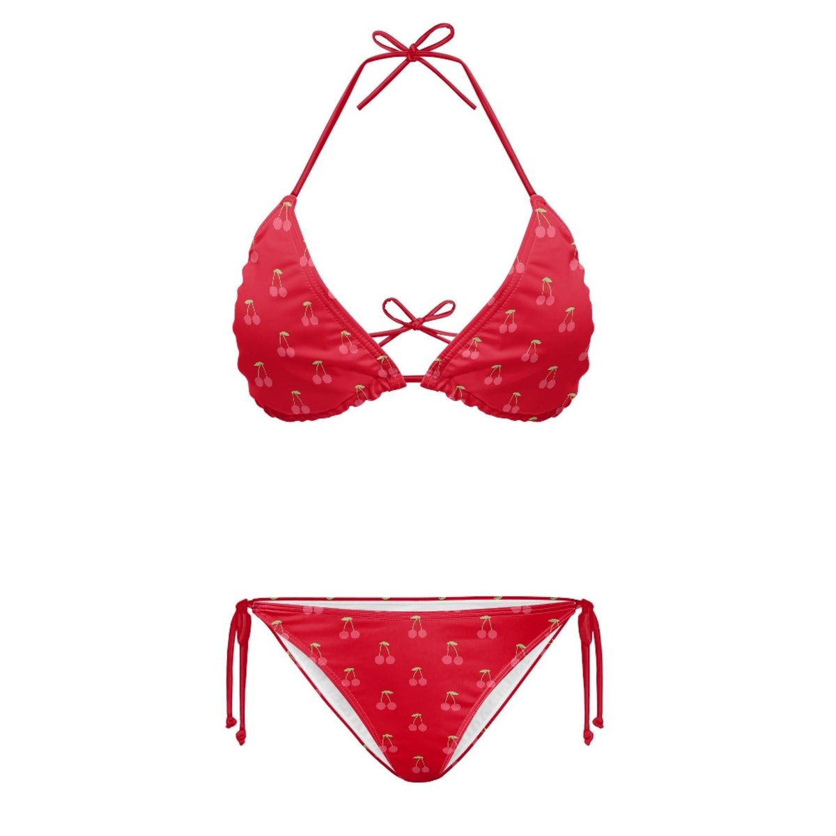 Red Cherry Print Bikini Set: Halterneck Tie-Up Swimwear