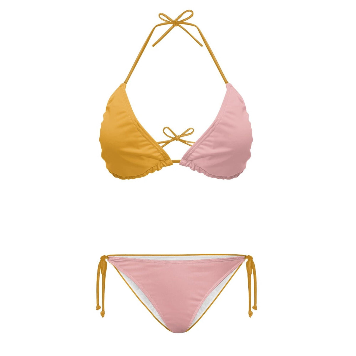 Two-Tone Triangle Bikini Set – Mustard & Pink, Halterneck Tie