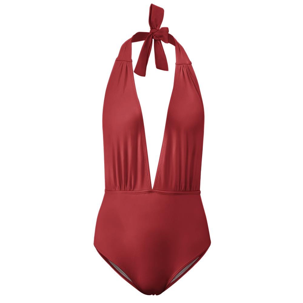 Cherry Red Plunge Halter Swimsuit – Retro High Waist One Piece