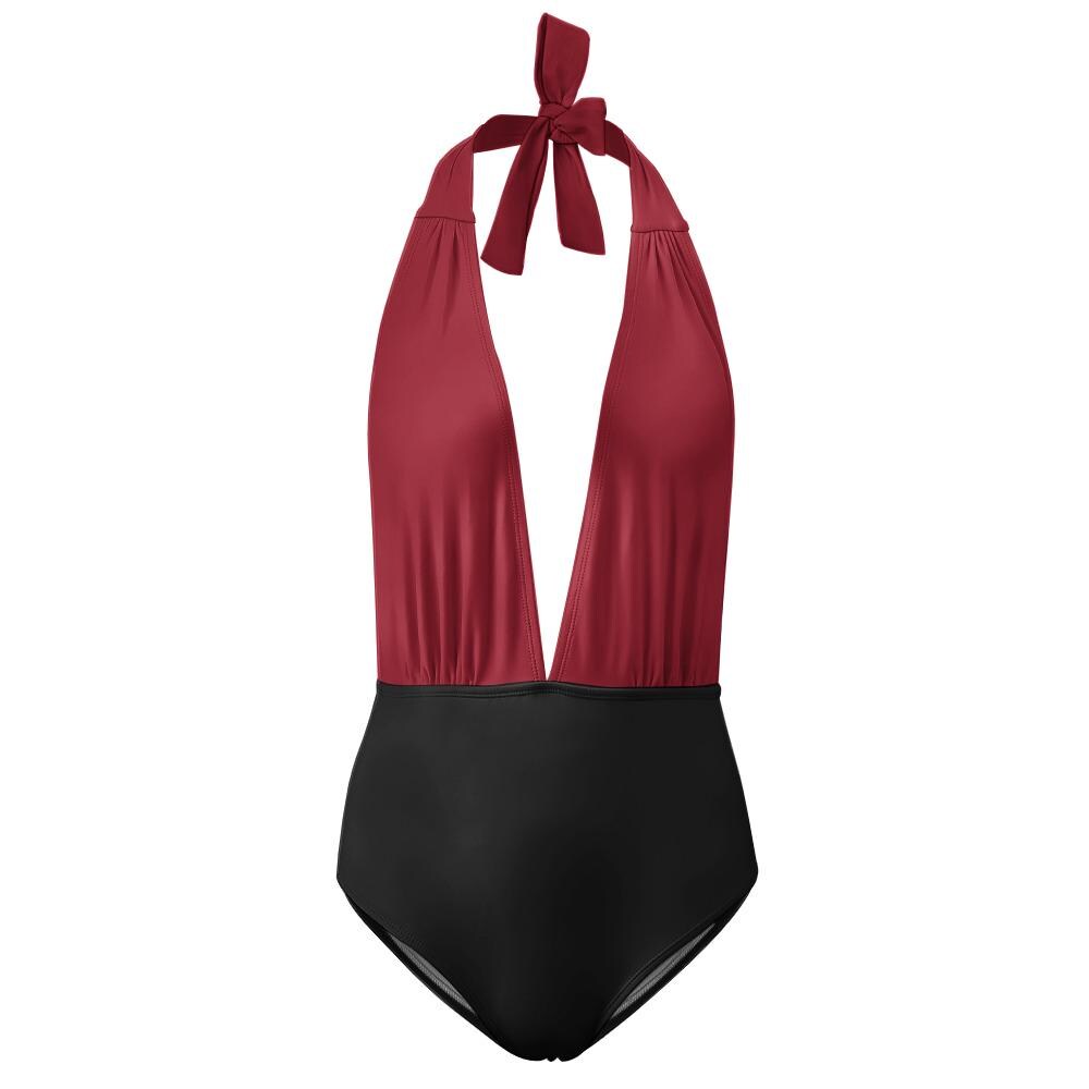 Black and Cherry Red Halter Plunge One Piece Swimsuit