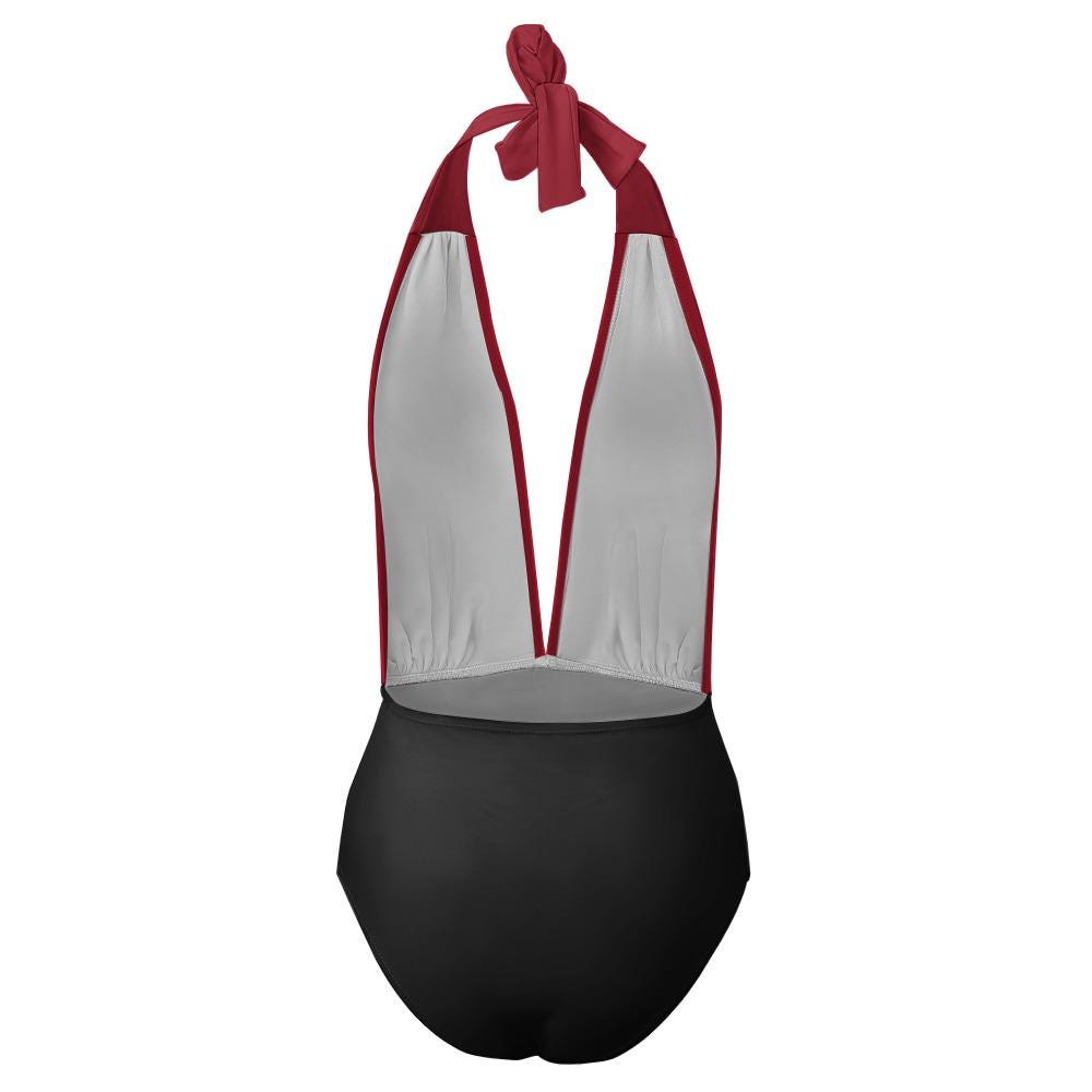 Black and Cherry Red Halter Plunge One Piece Swimsuit