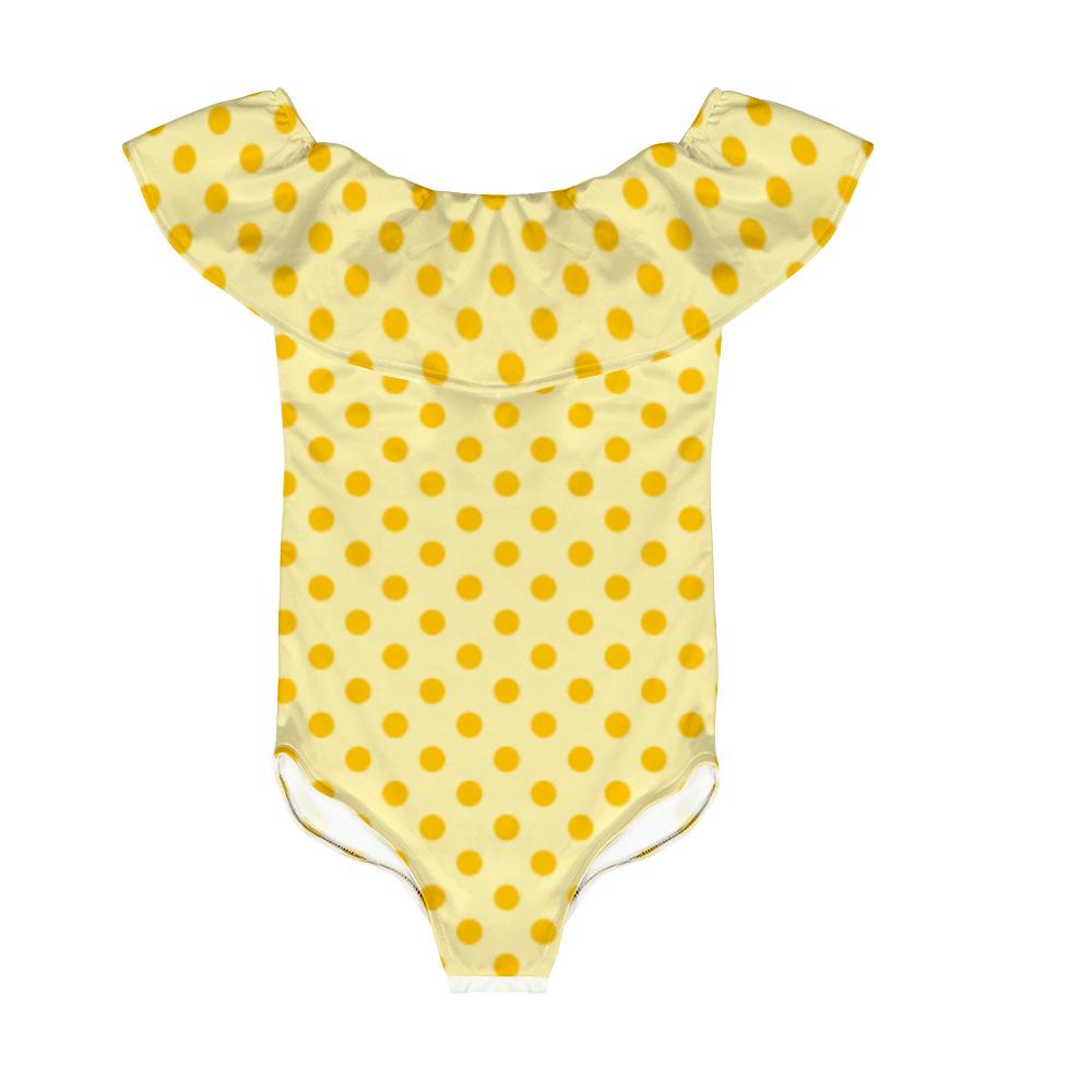 Retro Coquette Yellow Polka-Dot One-Piece Swimsuit – Off Shoulder Pin Up Ruffle Bathing Suit
