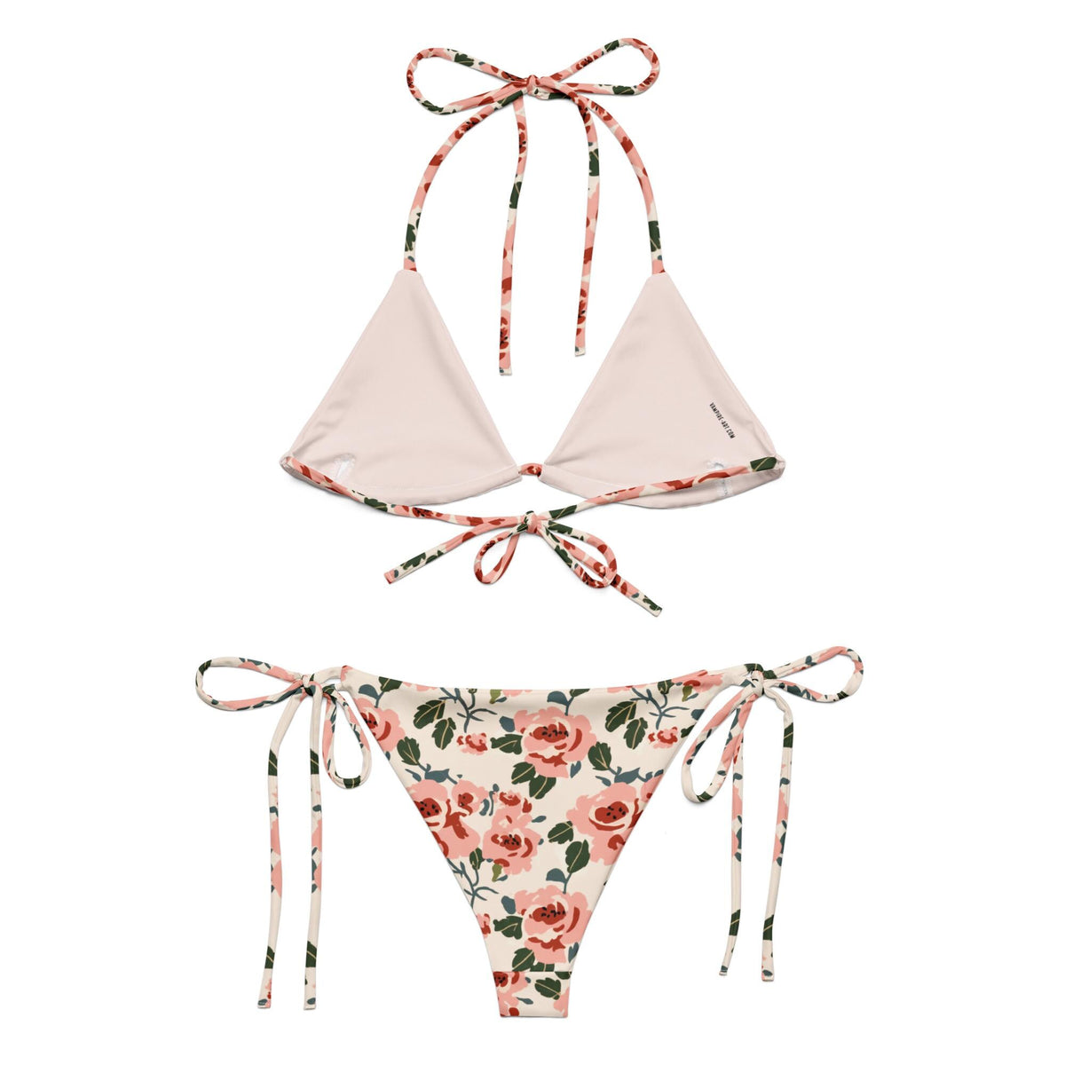 Rose Print String Bikini – Retro Floral Swimsuit, Recycled Fabric