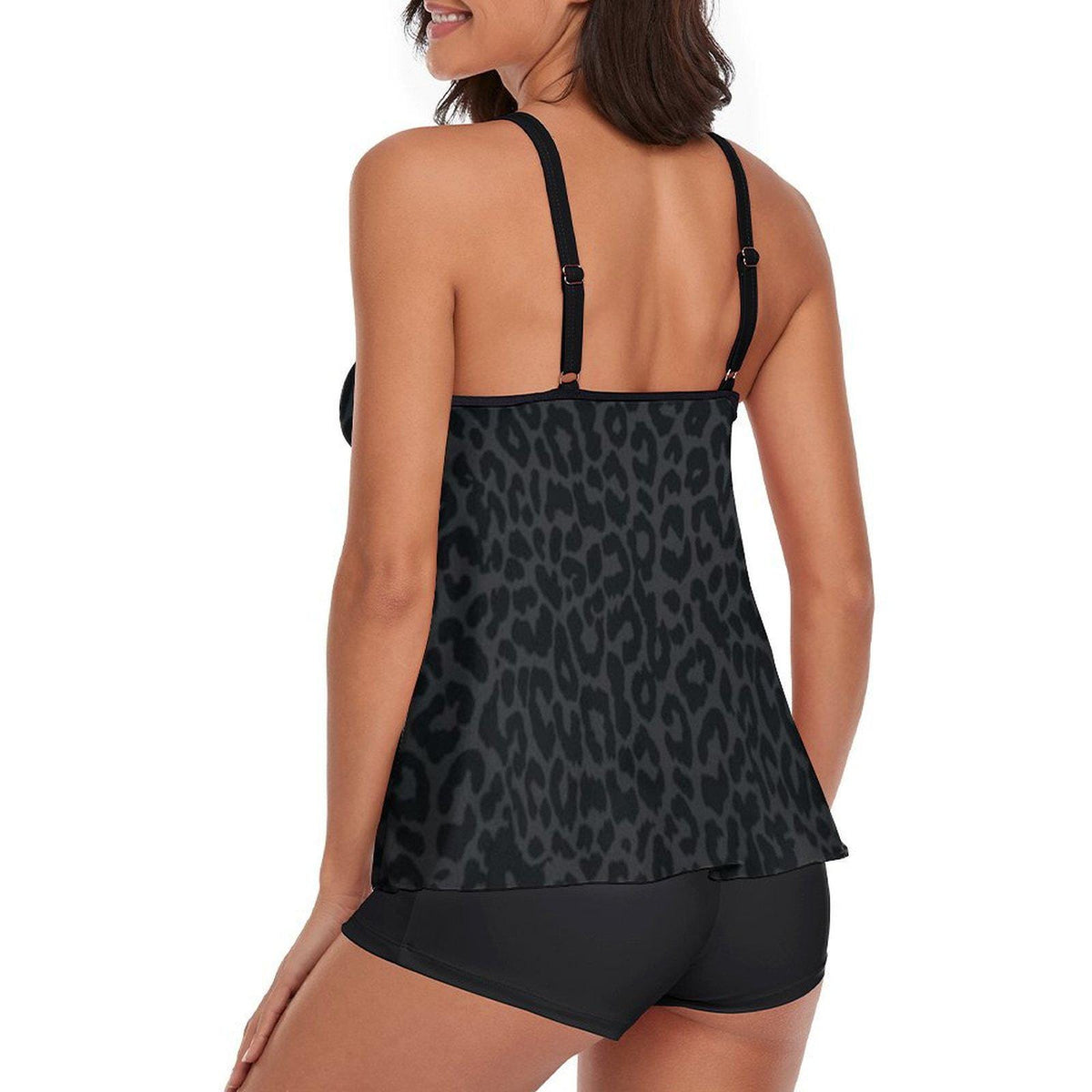 Black Leopard Print Tankini – Active Swimsuit with Boyshorts