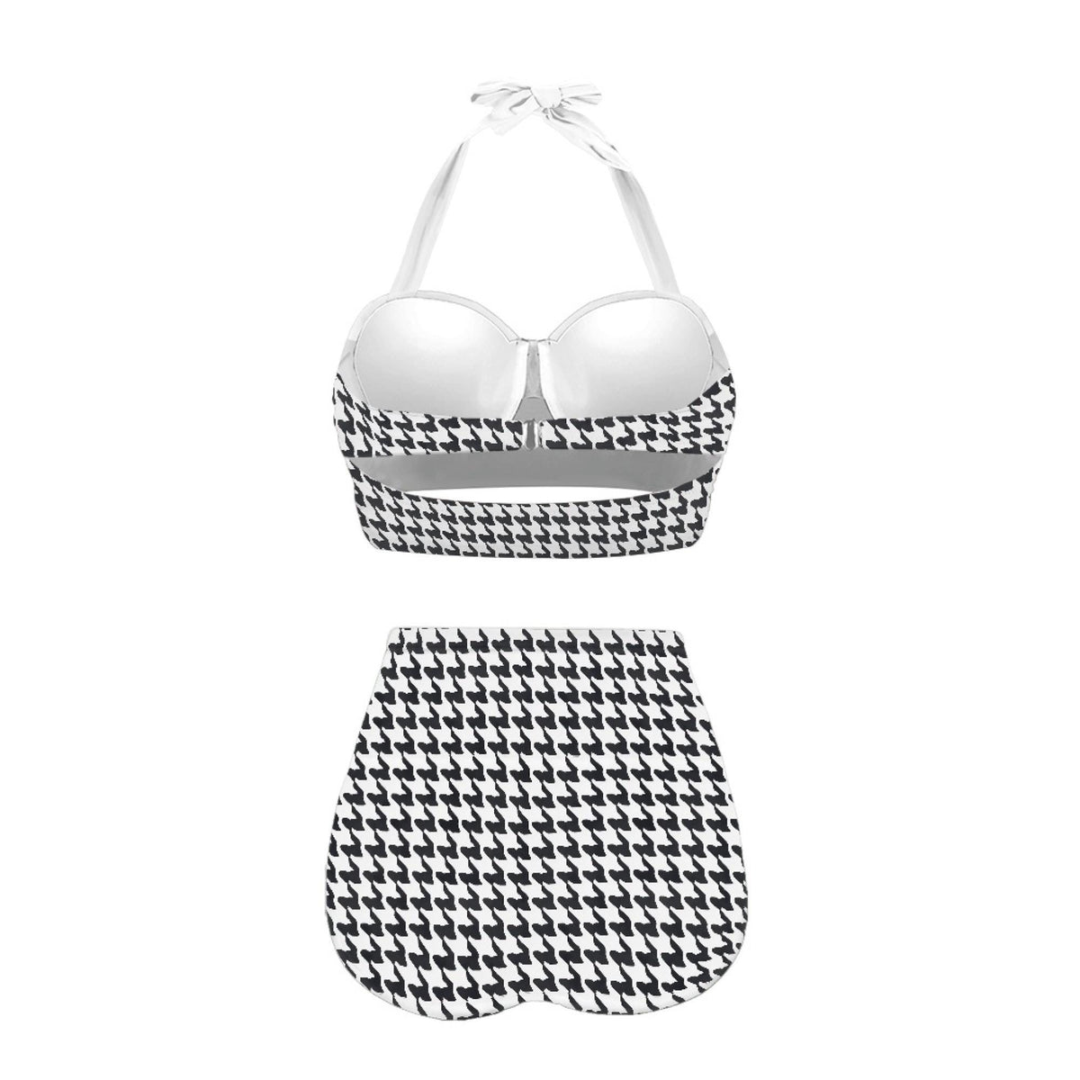 Vintage-Style High-Waisted Bikini | Retro Sweetheart Houndstooth Checkered Pin-Up Halter Ruched Two-Piece Swimsuit, Black & White