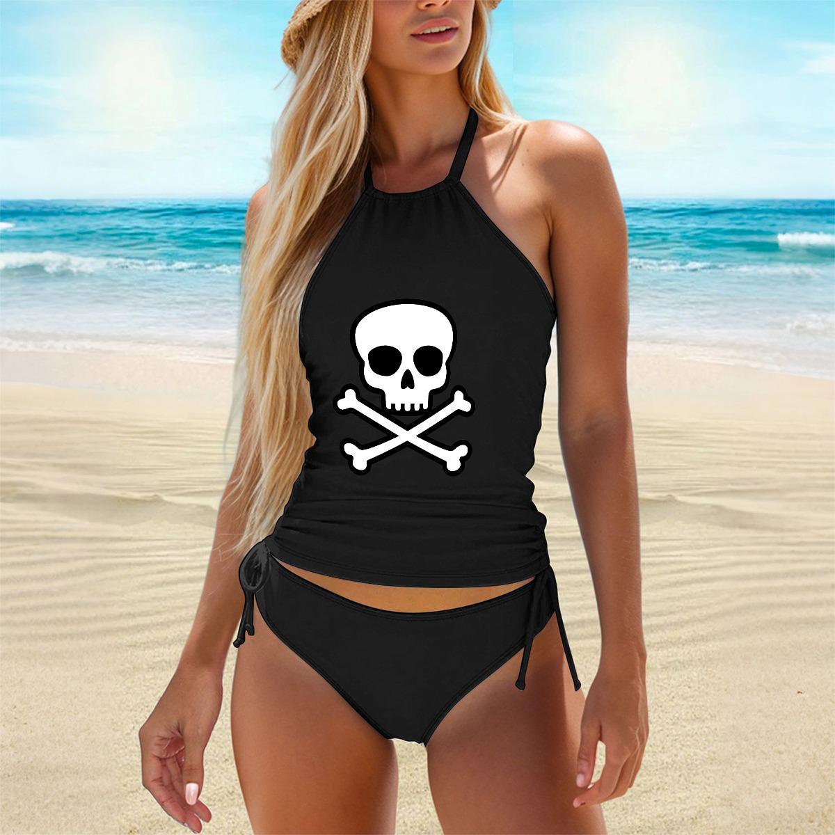Skull & Crossbones Tankini Set - Black Halter Top, Adjustable Sides