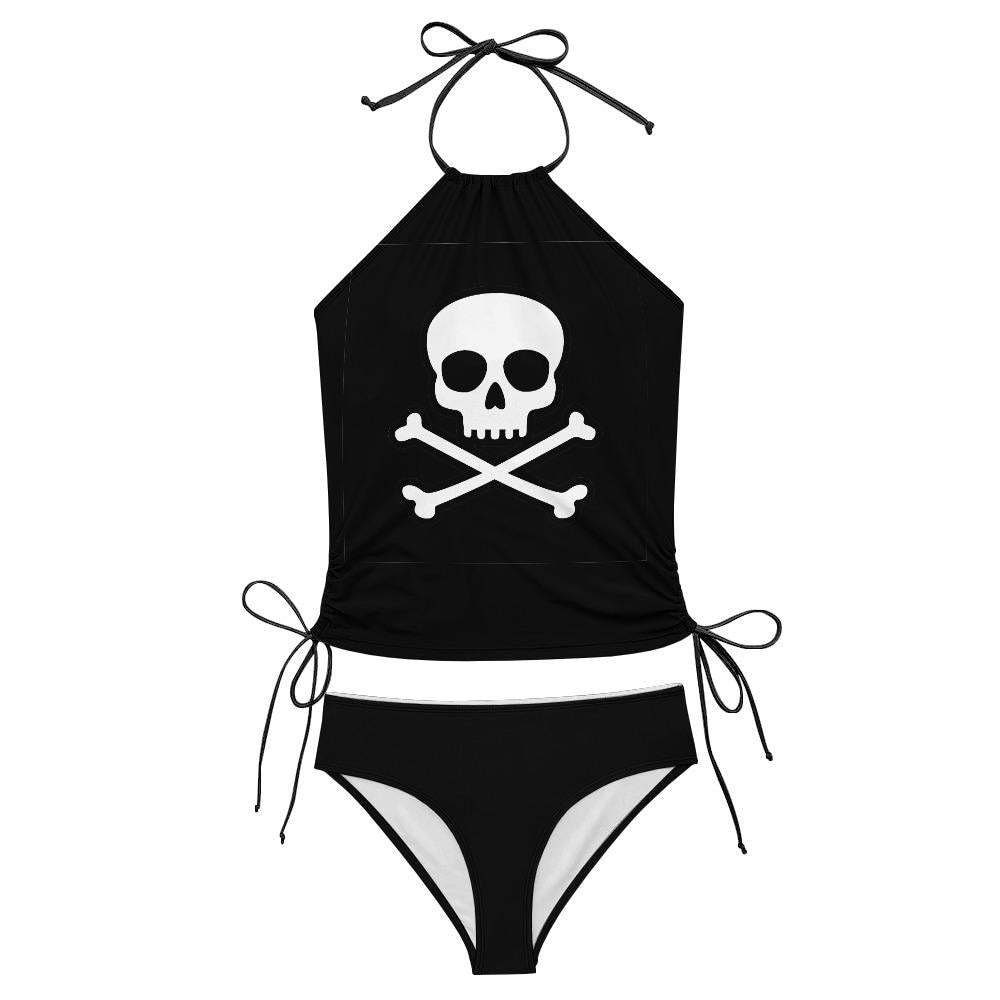 Skull & Crossbones Tankini Set - Black Halter Top, Adjustable Sides