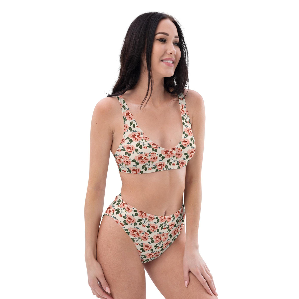 Coquette Roses Bikini Swimsuit – Eco-Friendly Recycled High-Waisted Floral Two-Piece Cottagecore Romantic Retro Surf Beachwear