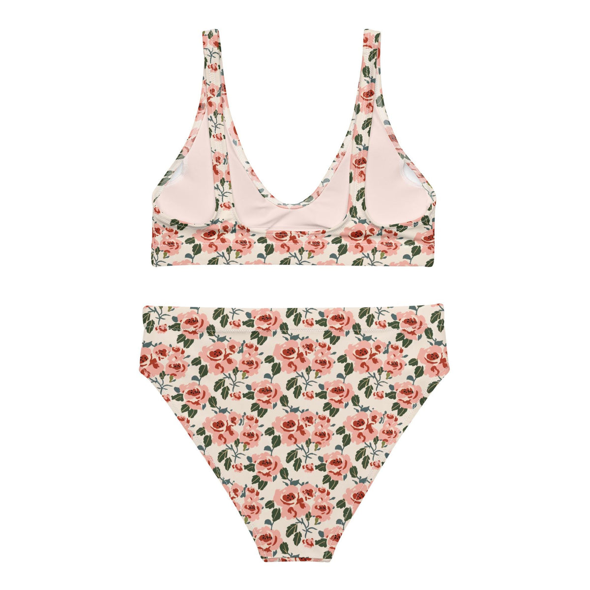 Coquette Roses Bikini Swimsuit – Eco-Friendly Recycled High-Waisted Floral Two-Piece Cottagecore Romantic Retro Surf Beachwear