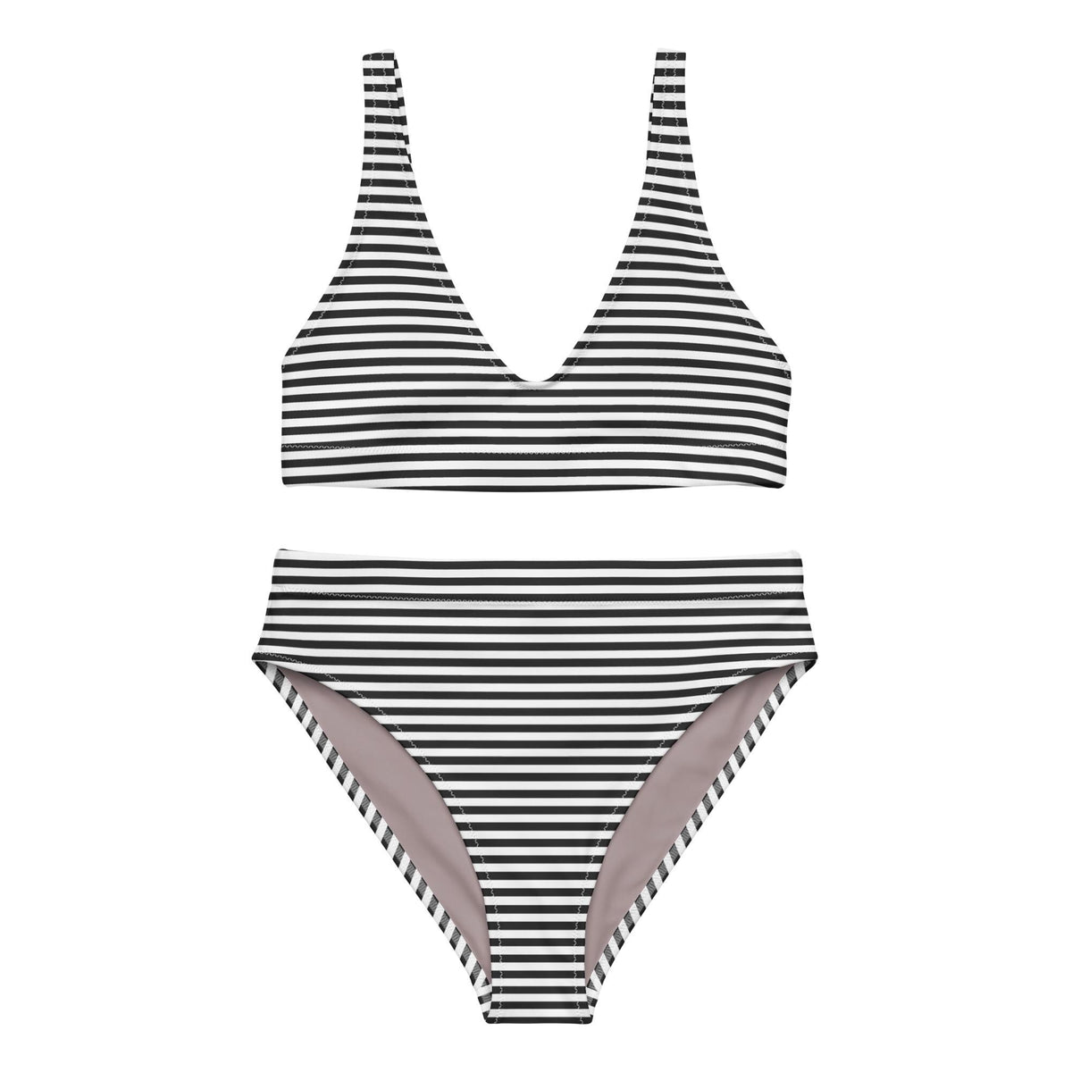 Striped High-Waisted Bikini – Nautical Recycled Swimwear, UPF 50+