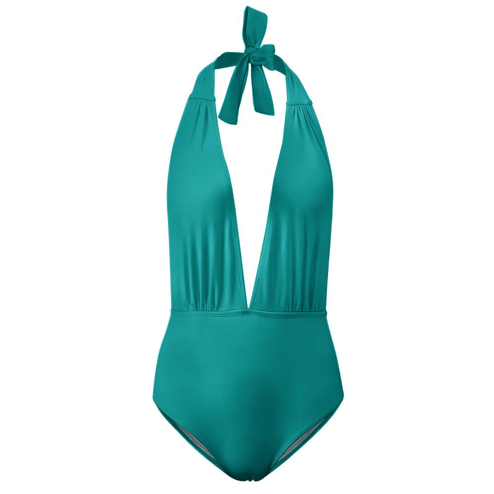 Teal Plunge Halter One-Piece Swimsuit – Retro High Waist Swimwear