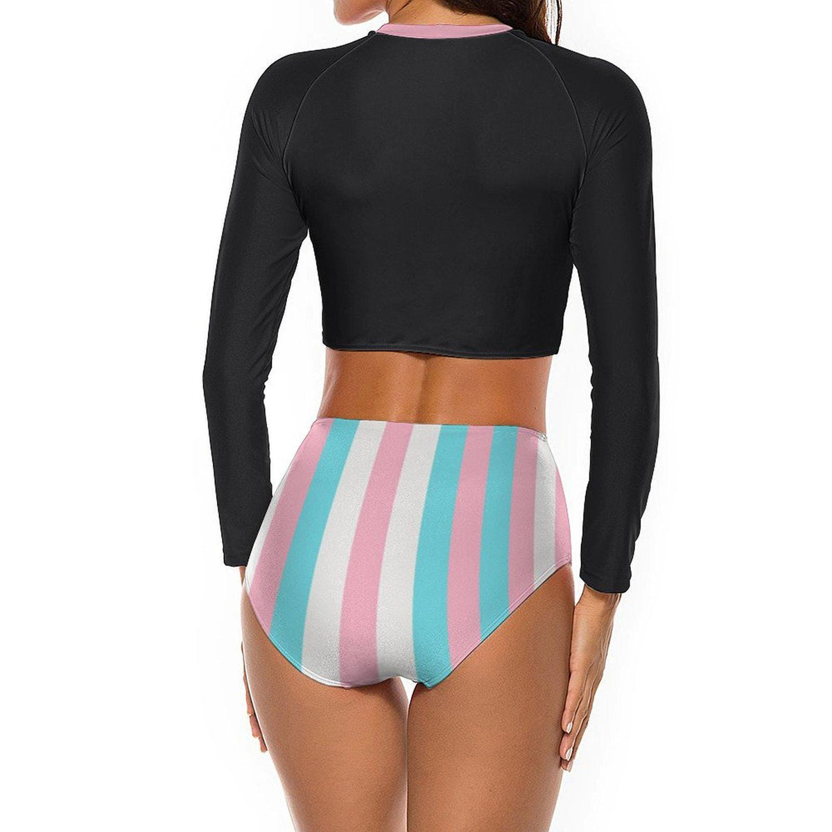 Emo Y2K Goth Grunge High-Waist Bikini | Sporty Long Sleeve Crop Top Swimsuit | Black & Bubblegum