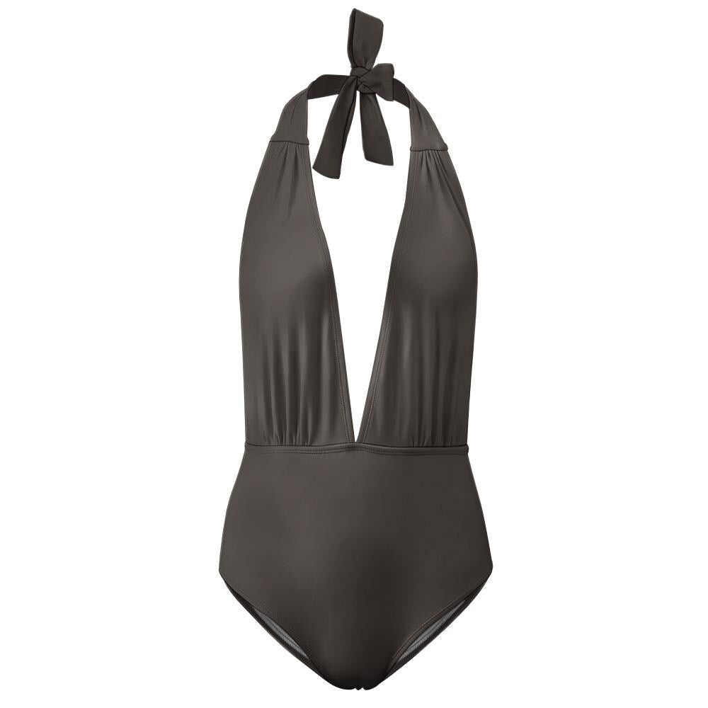 Retro Deep V Halter One-Piece Swimsuit - Charcoal Backless Swimwear