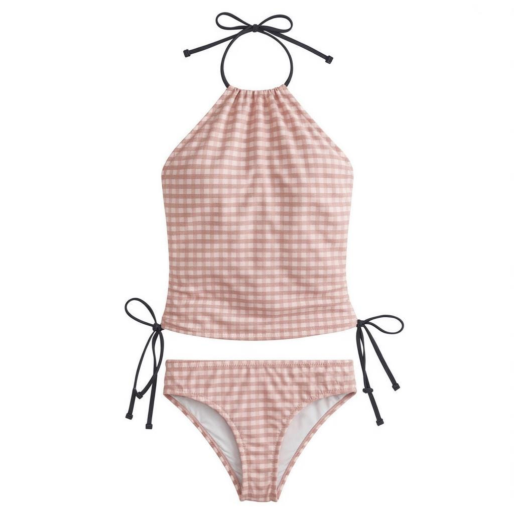 Coquette Retro Gingham Checkered Tankini – Vintage-Inspired Two-Piece Drawstring Halterneck Swimsuit