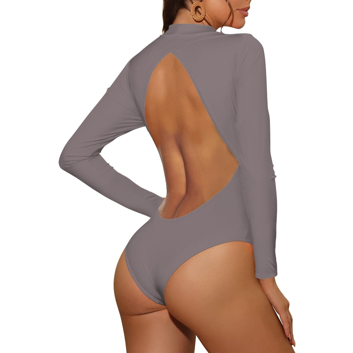 Y2K Taupe Backless Swimsuit – Long Sleeve Bodysuit with Thumbholes