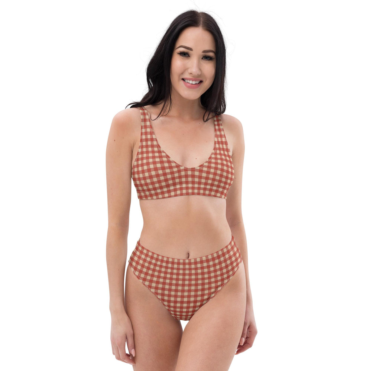 Shabby Chic Vintage-Inspired Red Gingham Bikini – Coquette Cottagecore Recycled Swimwear, Flattering High-Leg High-Waist Style