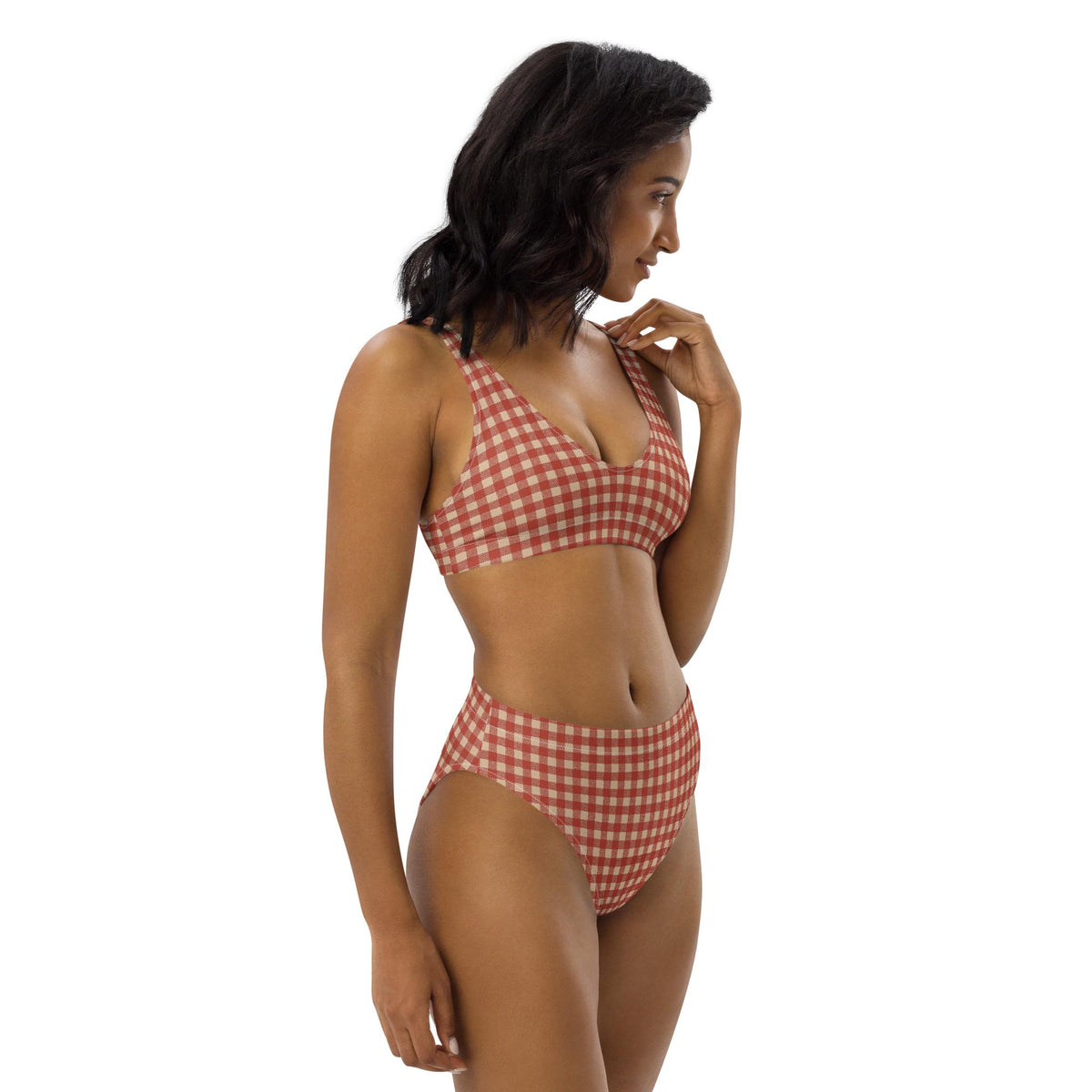 Shabby Chic Vintage-Inspired Red Gingham Bikini – Coquette Cottagecore Recycled Swimwear, Flattering High-Leg High-Waist Style